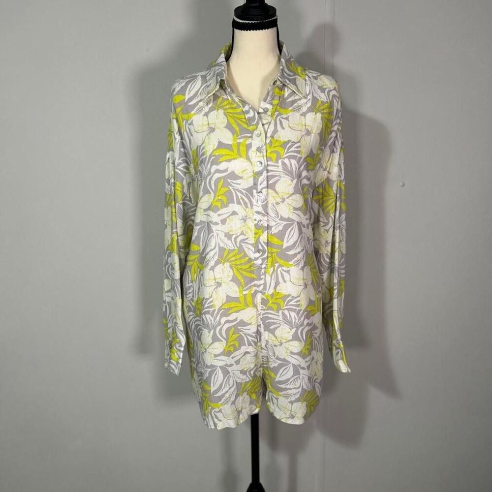 illa illa Tropical Floral Button Front Blouse Gray Lime Green White Size M